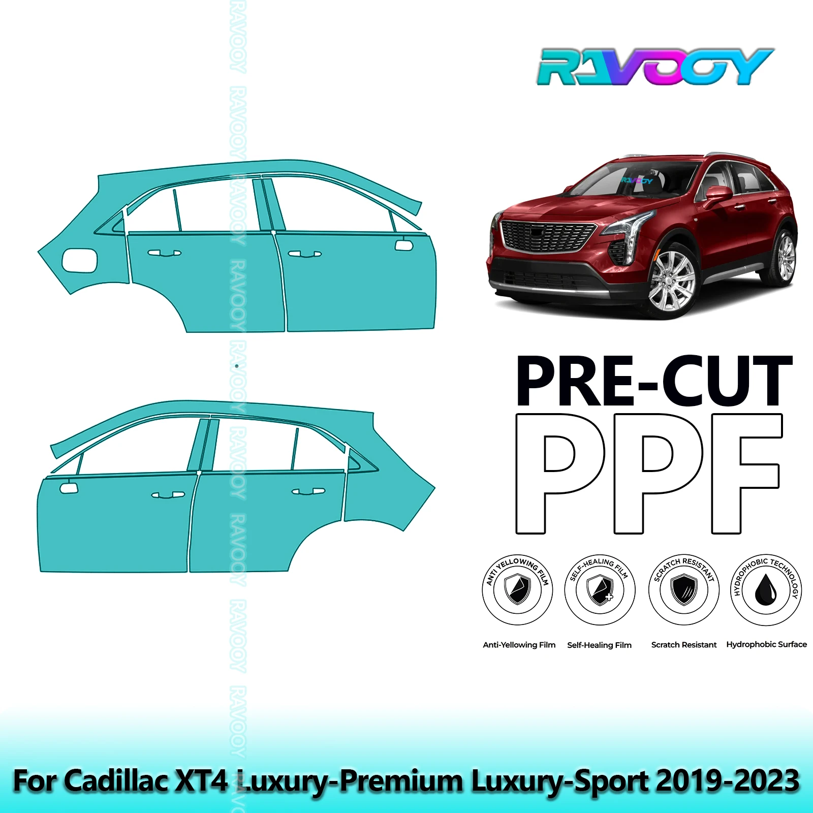 

For Cadillac XT4 Luxury-Premium Luxury-Sport 2019-2023 8.5mil Pre-Cut PPF Door & A/B Pillar Kit TPU Paint Protection Film Set