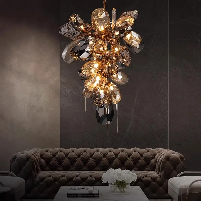 DIDA Chic Light Luxury Crystal Chandelier Floral Pendant Lamp Gold Finish for Villa Hotel Interior Lighting
