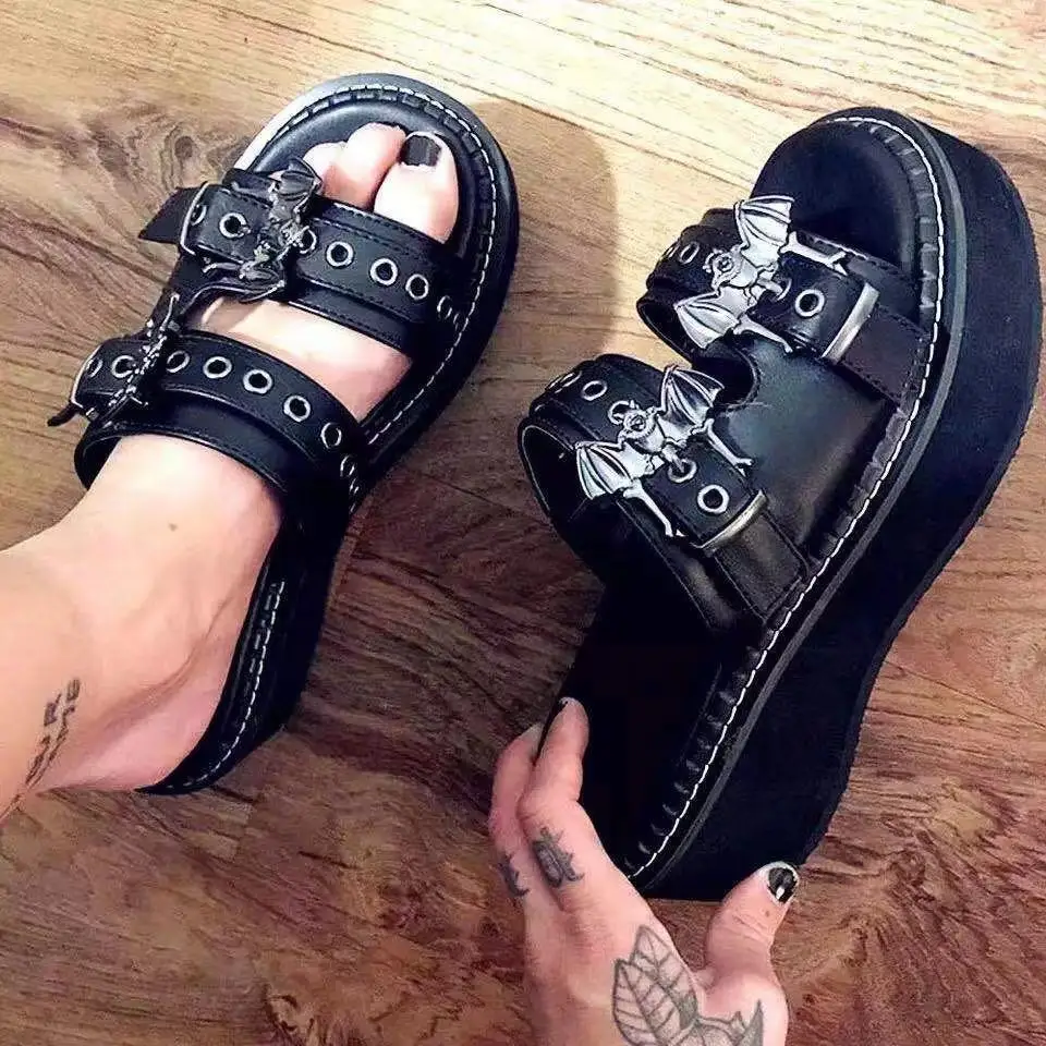 Goth Punk Large Thick bottom Slippers Female Summer 2023 New Punk Bat Decorative Belt Buckle Slope Heel Sandals Female