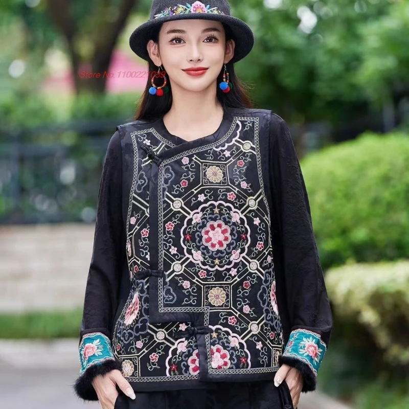 

2025 chinese vintage cotton-padded vest hanfu tops traditional satin jacquard flower embroidery folk vest sleeveless jacket