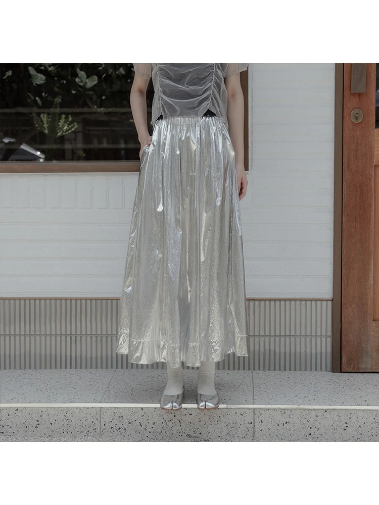 

Queenop Autumn Winter New Simple Metal Luster Long Skirt Women's Faion Design Polyester Fiber Commute Sle A-Line Skirt