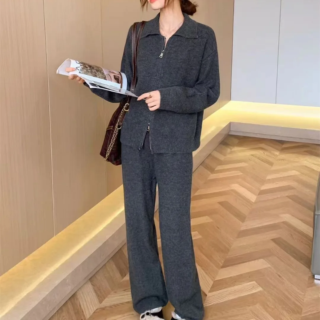 Gagarich Flip Collar Loose Lazy Style Sweater Women Coat Knitted Wide Leg Pants 2 Piece Set Autumn Winter Casual Suit