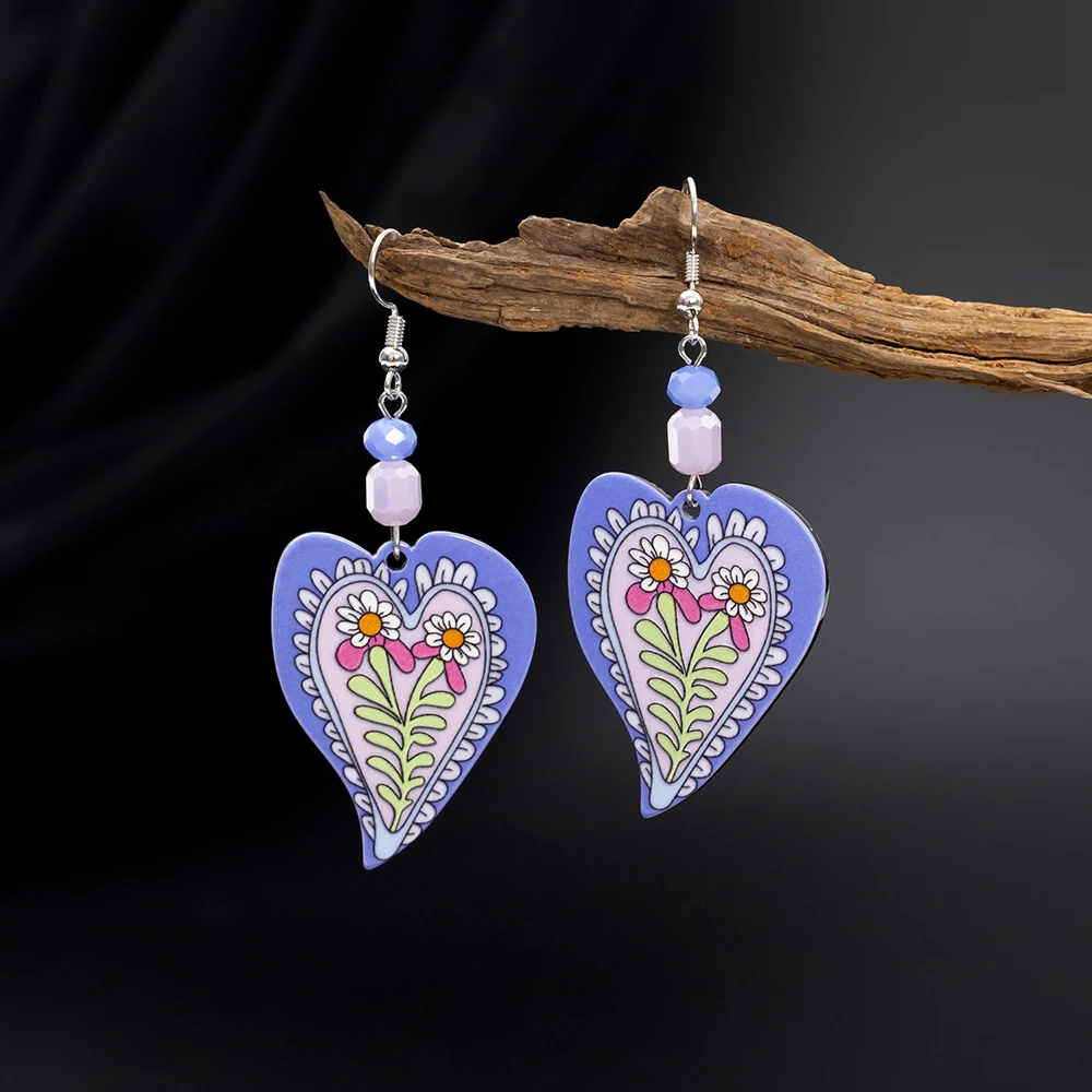 New Fashion Blue Acrylic Flower Relievo Printing Heart Earrings For Women Vintage Style Cute Valentine\'s Day Gift Girls Jewelry