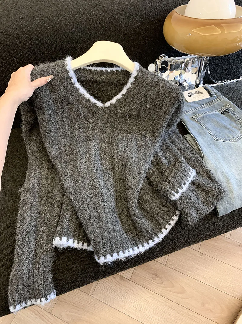 

Women V-Neck Contrast Color Pullovers Autumn Winter Full Sleeve Twist Knit Loose Casual Knitwear Thick Warm Fluffy Sweater