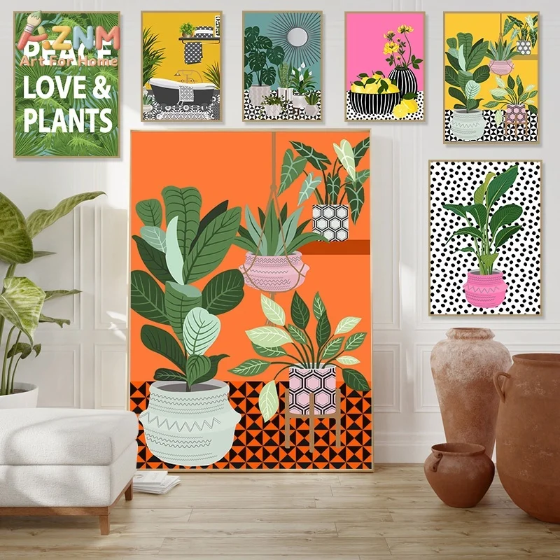 AZNM Colorful Boho Plant Canvas Wall Art Tropical Houseplant Lemon Bath Geometric Polka Dot Print Unframed Canvas Painting for B