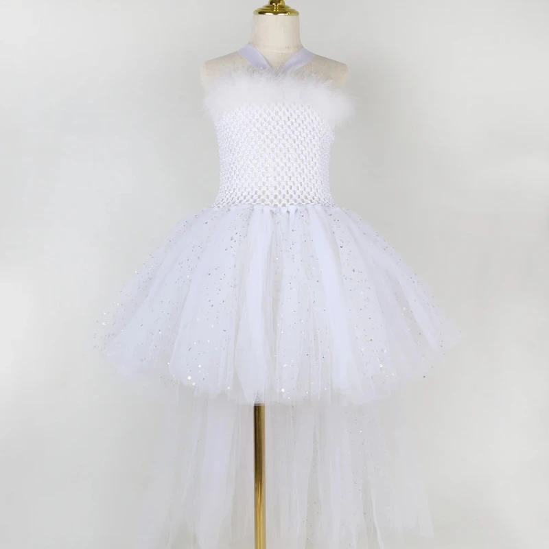 Sparkly White Angel Costume for Girls Wedding Birthday Party Ball Gown Girls Guardian Angel Fairy Tutu Princess Dress with Train