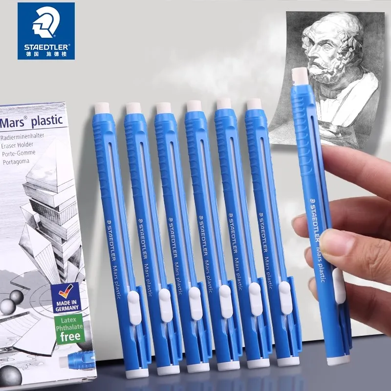 Caneta borracha plástica STAEDTLER Mars com suporte recarregável, precisão sem manchas e sem rasgos, design retrátil com clipe, azul