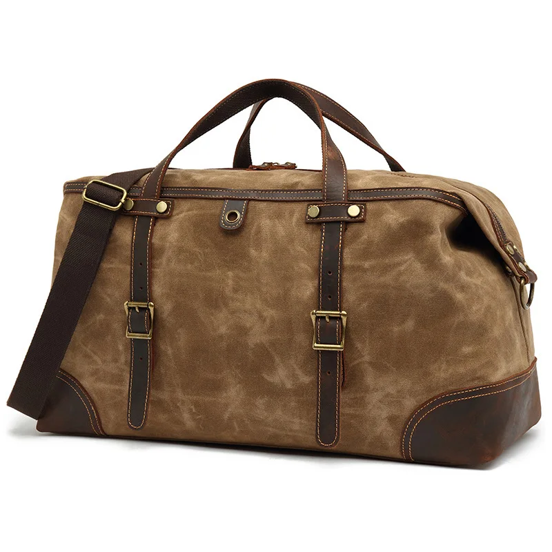 

Waxed Canvas Weekender Duffle Bag Spacious Travel Carry-On Bag with Crazy Horse Leather Trim