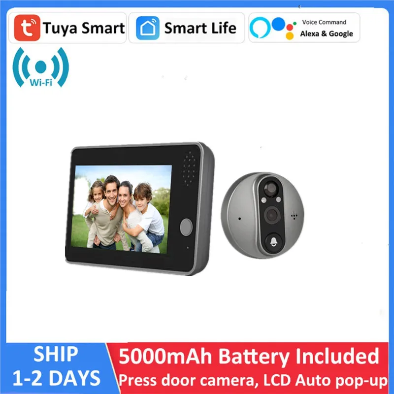 Tuya Smart-Sonnette de porte WiFi 1080P, judas, caméra, visionneuse, sécurité à domicile, audio bidirectionnel, vision nocturne, vidéo FHD 4.3'