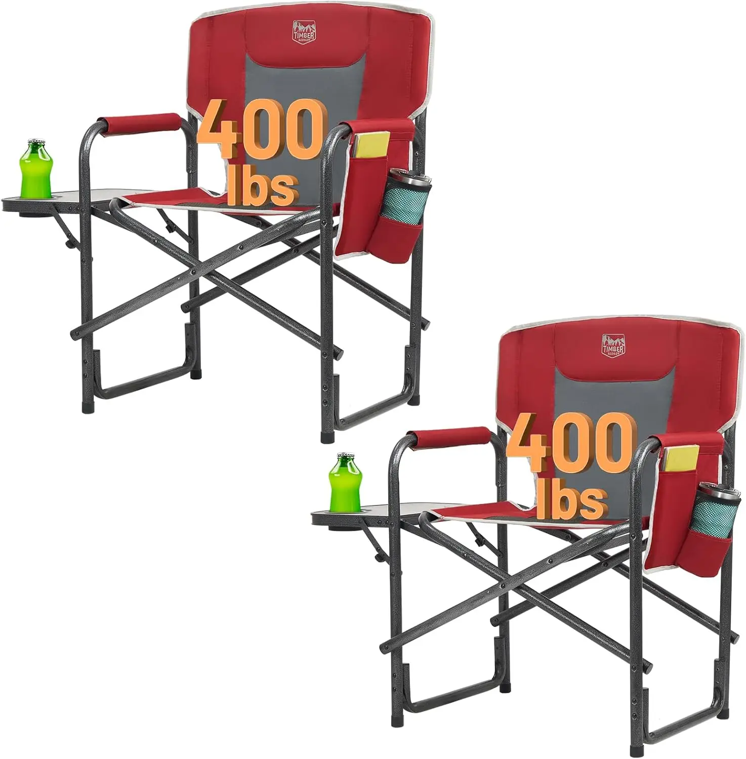 

Portable Directors Chair with Side Table Detachable Side Pocket for Outdoor Camping, Lawn, Picnic, Support 400lbs Red 2 Pack