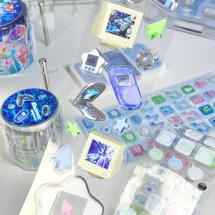 Kawaii Retro Y2K Electronic Communication Fish Tank PET Die-cut Stickers for DIY Goo Card Journal Scrapbooking Photo Card Supply