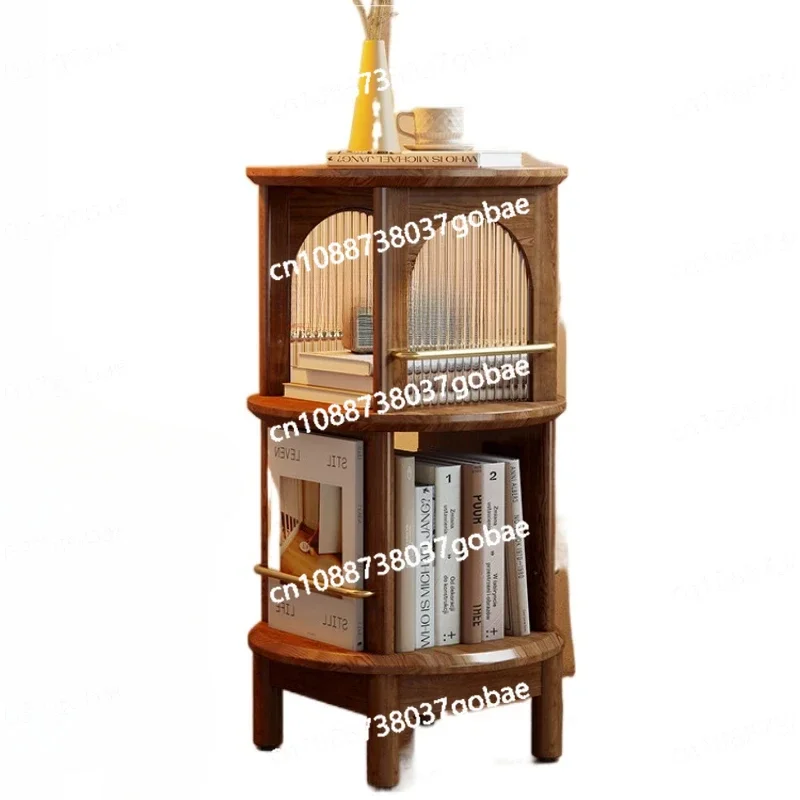 Solid Wood Rotating Bookshelf round Japanese Style Ash Walnut Color Display Stand Living Room Sofa Side Cabinet Corner Table