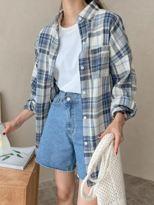 Chic Autumnal Plaid Loose Long Sleeve Women's Shirt Jacket Lazy Style Versatile Mid-Length Korean Fashion Outerwear