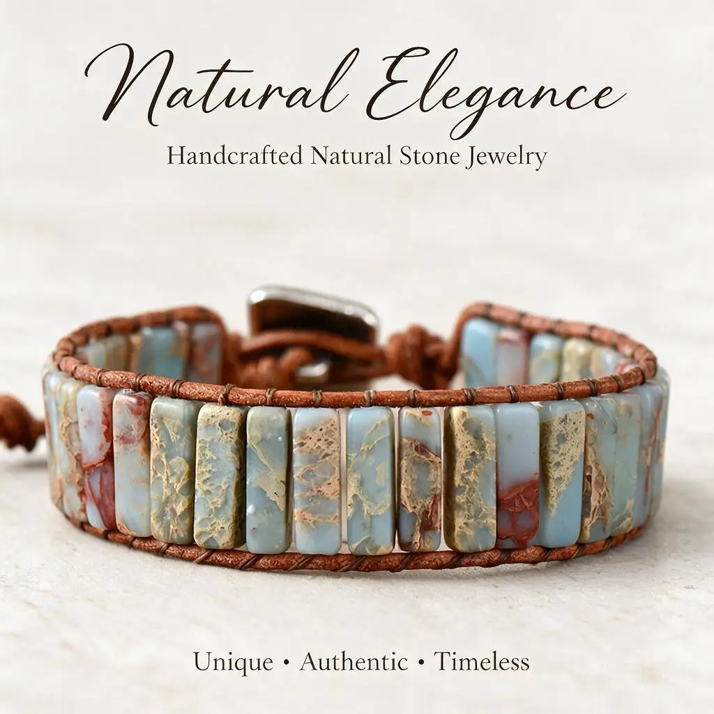 Custom Handmade Bohemian Natural Shoushan Stone Turquoise Blue Beaded Genuine Leather Cord Adjustable Wrap Bracelet Personalized