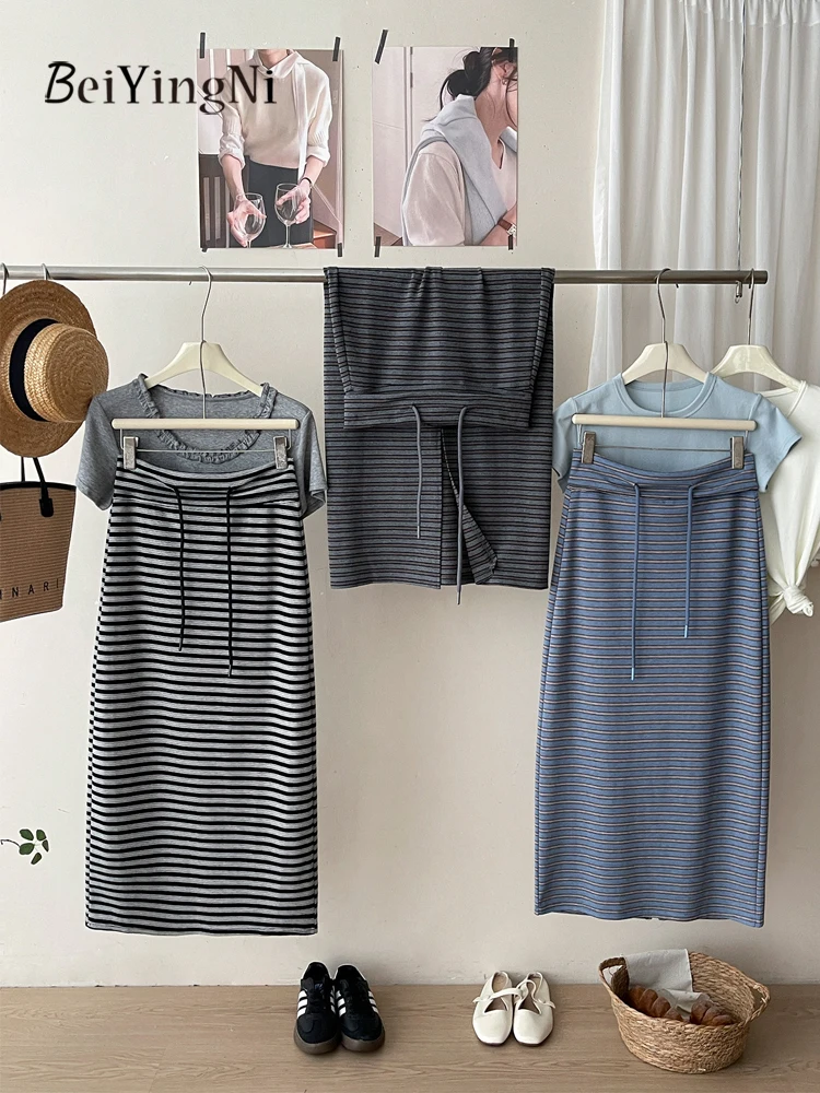 Saia Feminina Estilo Retrô Harajuku Beiyingni, Saia Maxi Reta com Fenda para o Verão, Saia Feminina Slim de Cintura Alta com Listras Contrastantes