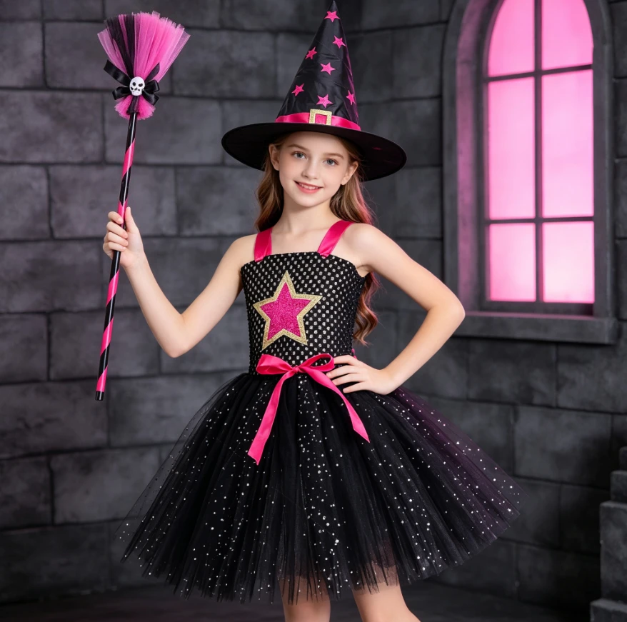 Halloween Carnival Party Black Sparkly Witch Tulle Puffy Dress With Star Decoration Stage Performance Spooky Magic Theme Outfit