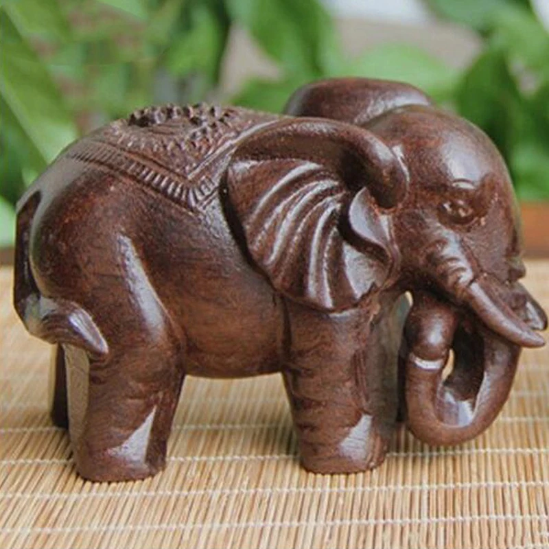 Luxury Elephant Figurine Wooden Ornaments Crafts Retro Home Feng Shui Desktop Decoration Natural Carved Elephant Statue