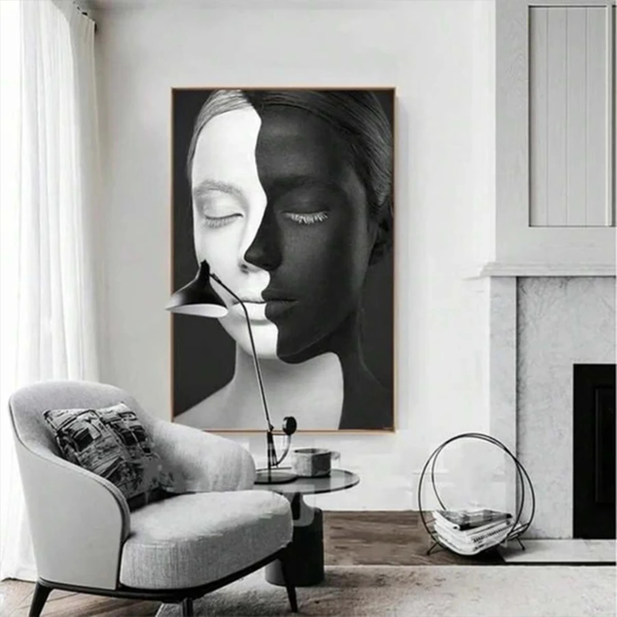 Modern Black And White Split Face Woman Wall Art Print Canvas Painting Poster Picture For Living Room,Bedroom Home Decor