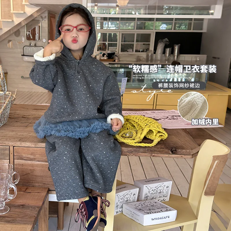 

Толстовка с капюшоном на флисовой подкладке, теплая толстовка, утепленные штаны для девочек, детский зимний модный костюм-двойка, милый милый