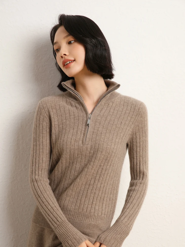 MEETCC nouveau femmes 100% cachemire mince pull pull col rabattu doux chaud tricots automne hiver demi fermeture éclair pulls