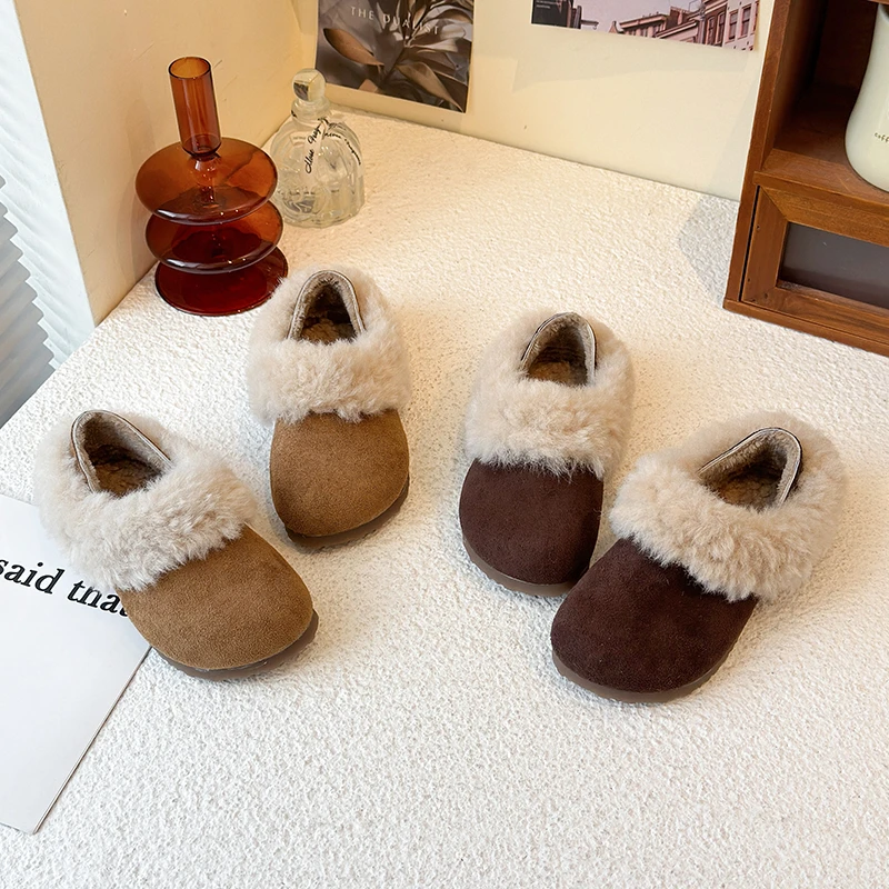 

New Children's Causal Shoes Winter Outdoor Girls Furry Plush Shoes Soft Flats Versatile Kids Fashion Warm Cotton Shoes Non-slip