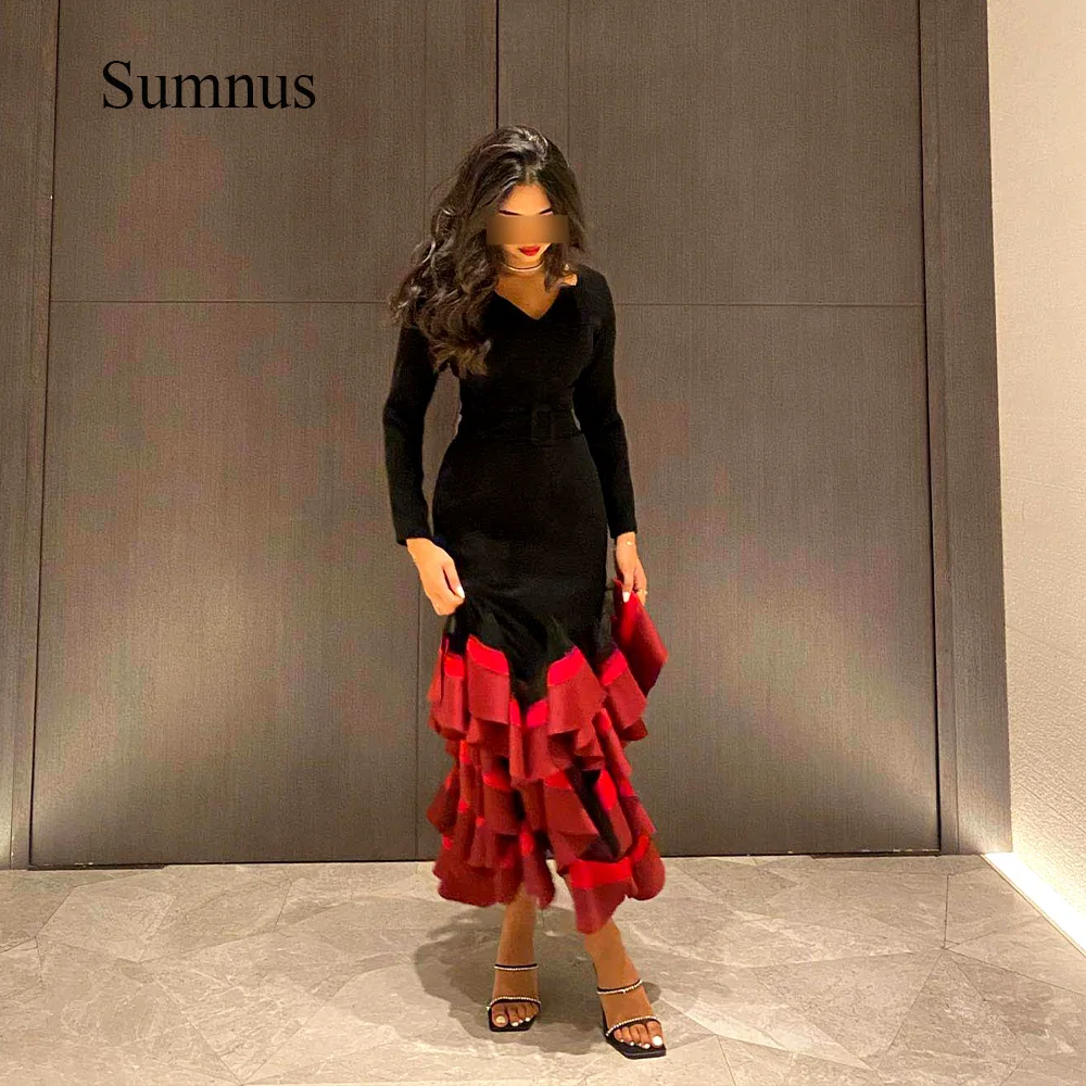 

Sumnus Black Mermaid Saudi Arabic Evening Dresses Long Sleeve Red Ruffles Velvet Dubai Prom Party Gown Elegant Formal Dress 2024