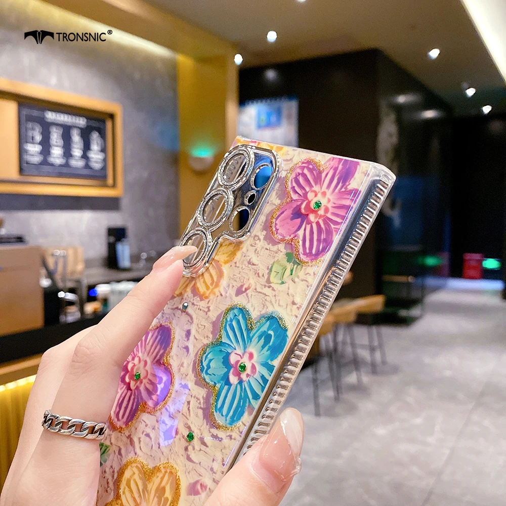 Flower Luxury Phone Case for Samsung Galaxy S24 S23 S22 S21 Ultra Plus Soft Glossy Silicone Blue Pink Floral Purple Cover Sliver