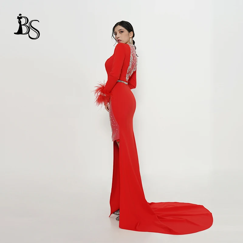 Baisha-vestido de noche rojo hecho a mano, nuevo vestido de compromiso con cuentas, diseño de plumas para boda, ocasiones formales, H915