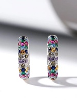 Women's Mini Round Silver Earring Set, Colorful Zircon Earrings, Luxury Jewelry, Fashion