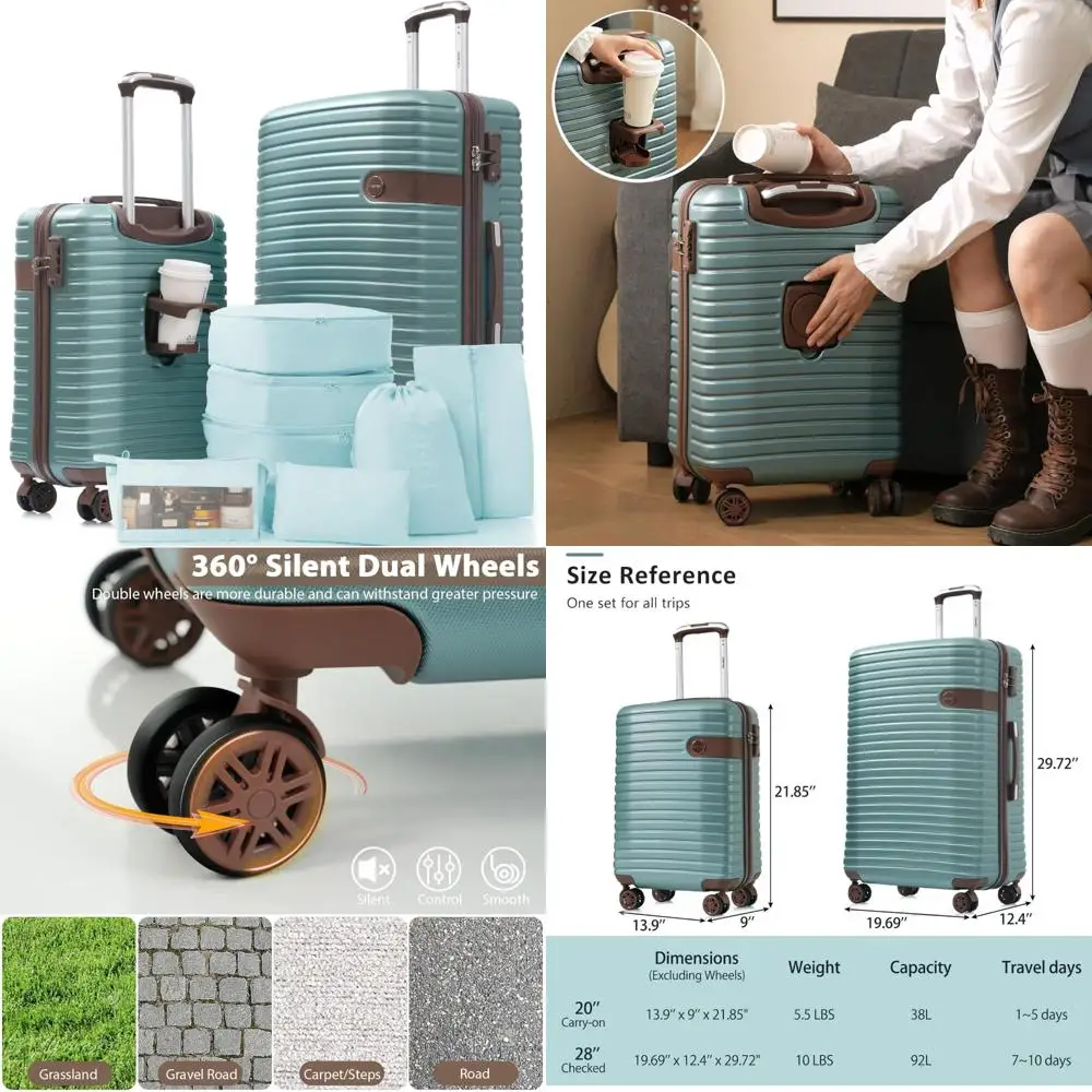 

hardshell luggage set with tsa lock, 20-inch carry-on with cup holder, 28-inch suitcase, lightweight