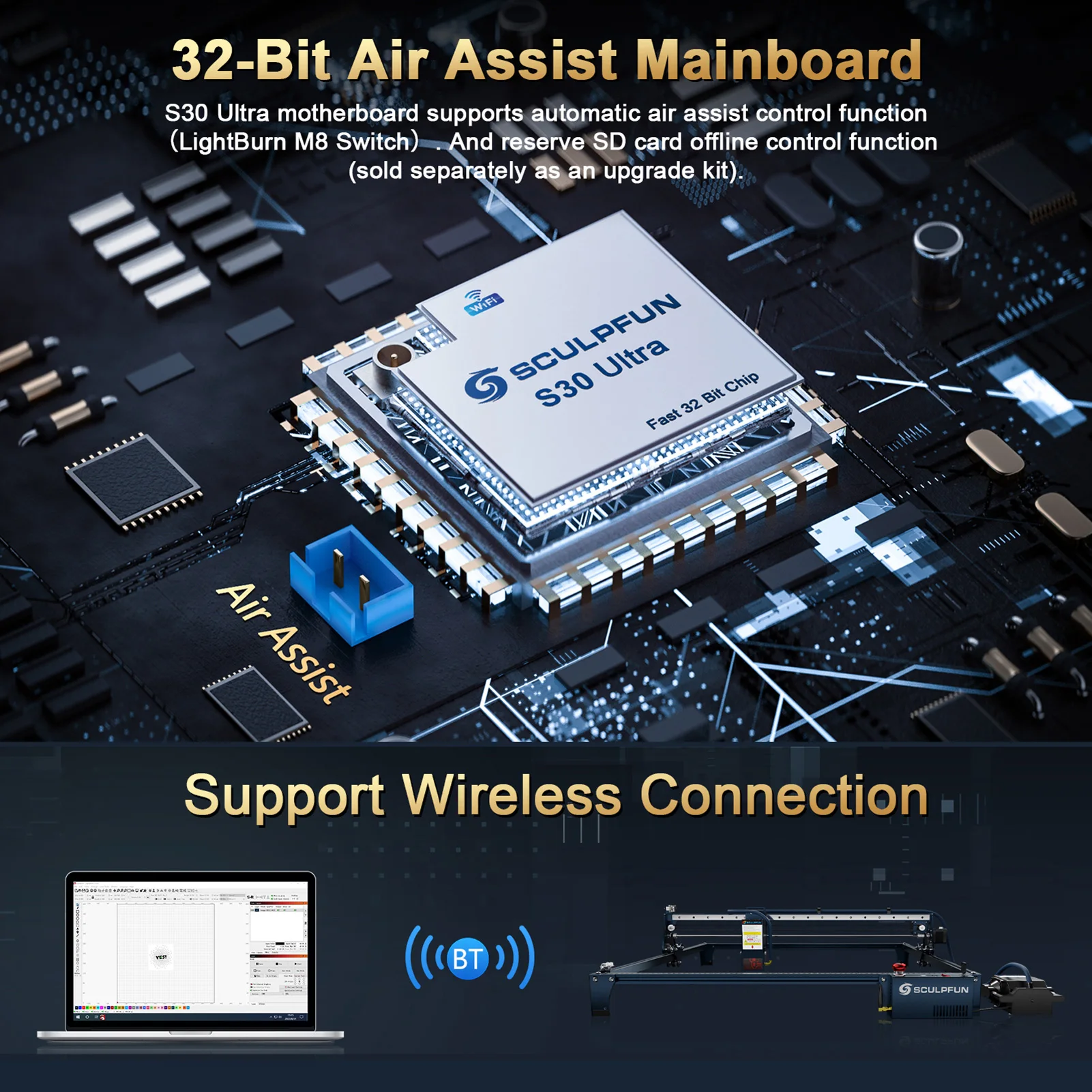Ultra-33W Laser Engraving Machine 600x600mm Engraving Area Automatic Air Assist Replaceable Lens Eye Protection Includes Laser