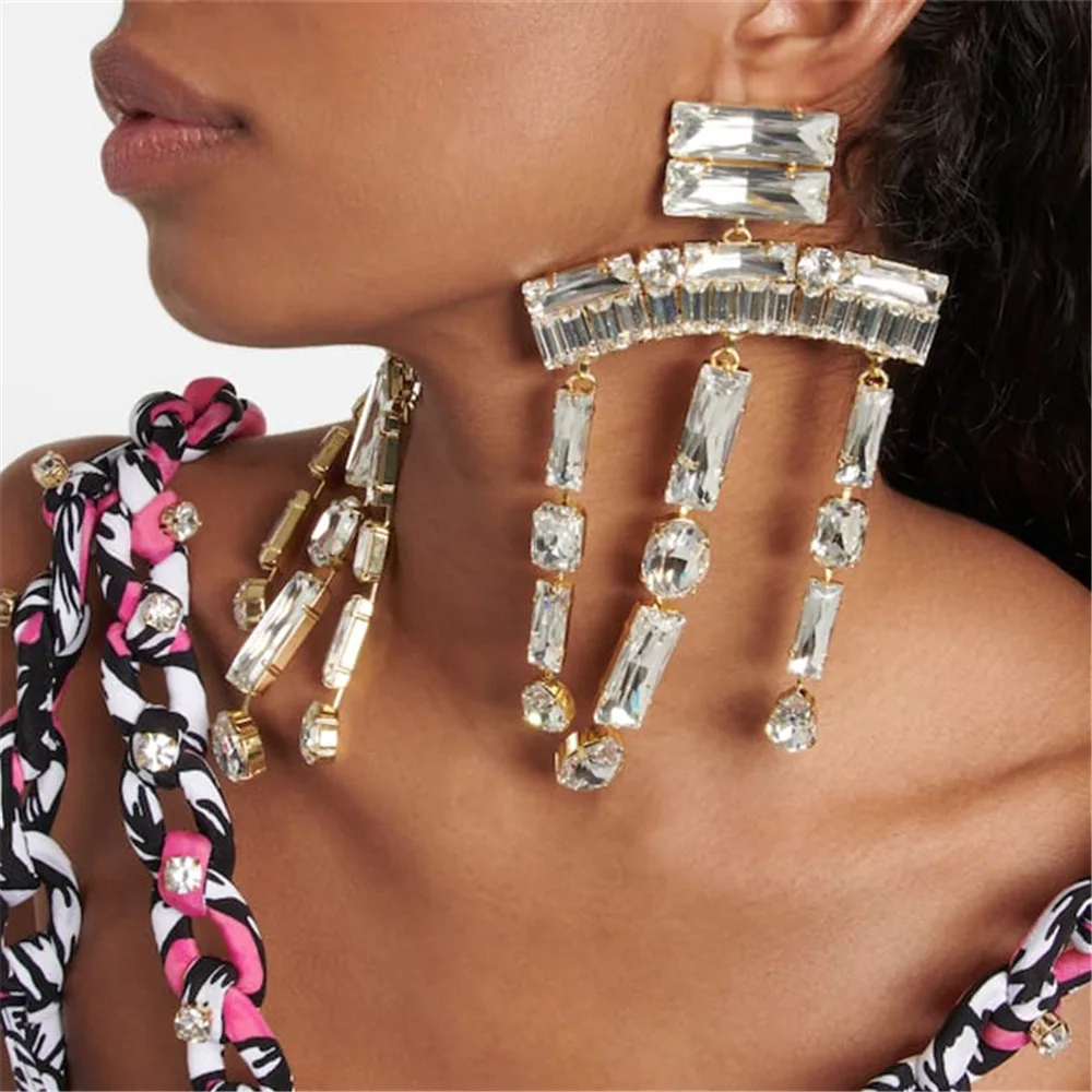 

Handmade Rhinestone Geometric Rectangle Fringed Dangle Drop Earrings Wedding Jewelry for Women Crystal Pendant Large Earrings