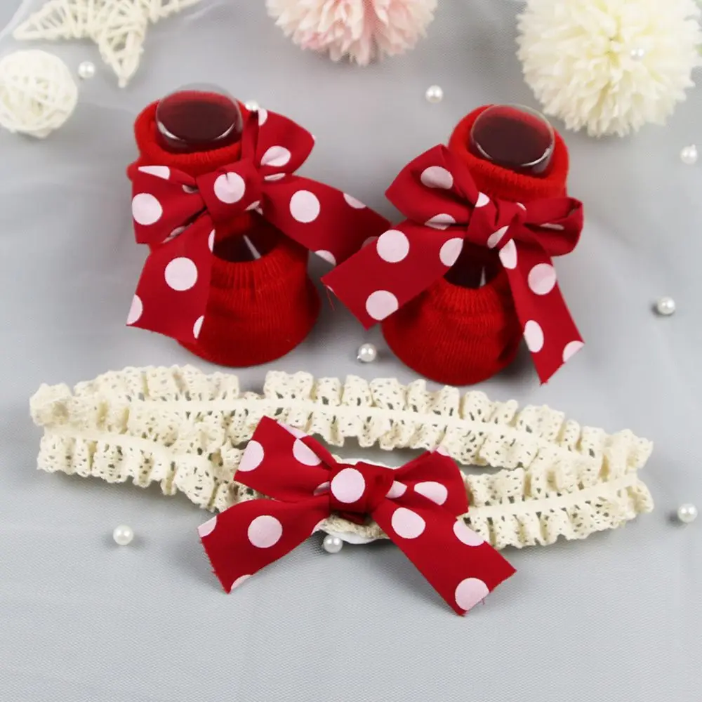 

Cotton Striped Heart Baby Christmas Gift Toddler Floor Socks Newborn Baby Girl Socks Infant Anti Slip Socks Socks Headband Set