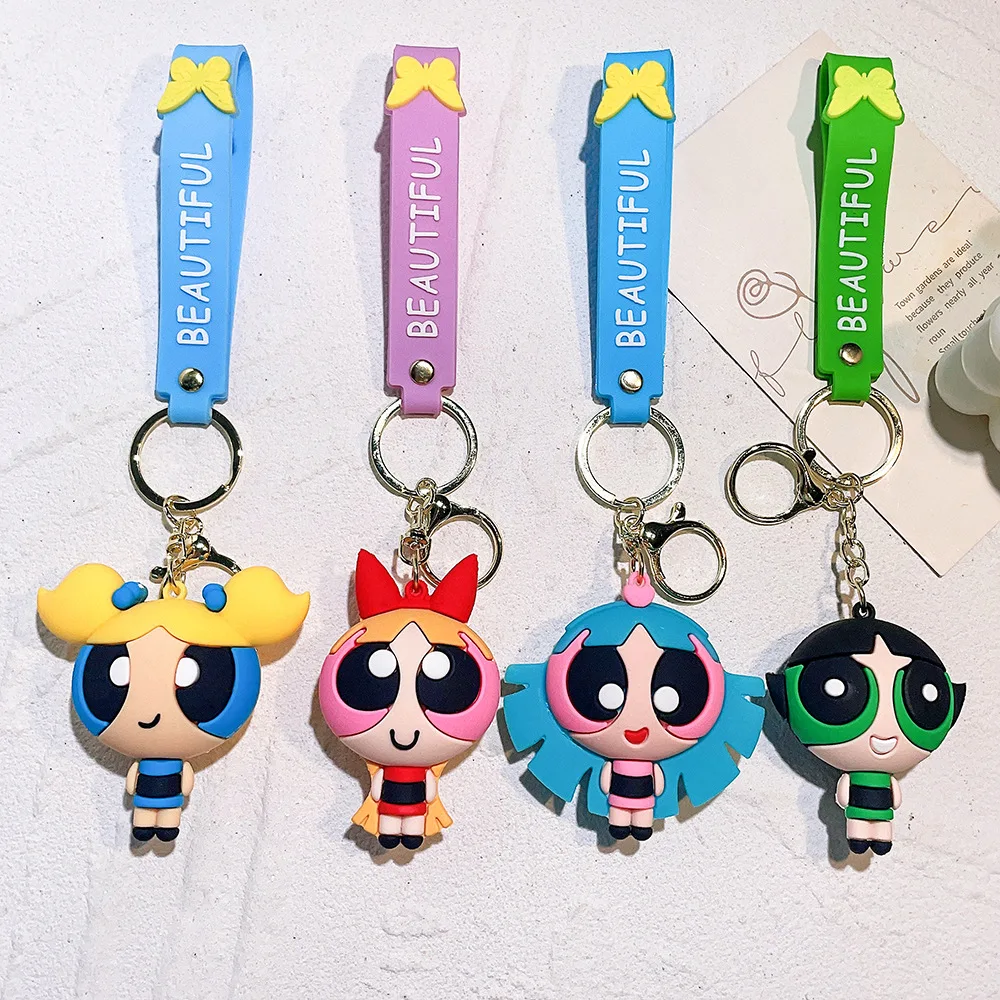 MINISO Powerpuff الفتيات الكرتون عمل الشكل المفاتيح زهر فقاعات Buttercup دمية Keyrings حقيبة قلادة اكسسوارات مفتاح السيارة