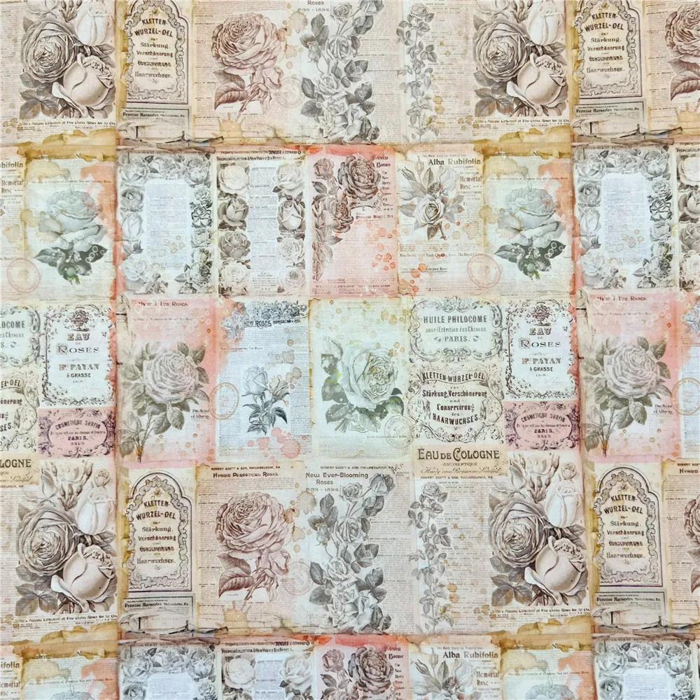 45x145cm Vintage Rose flower newspaper  junk journal Cotton Fabric Floral Material Patchwork Sewing  Quilt Needlework DIY Cloth