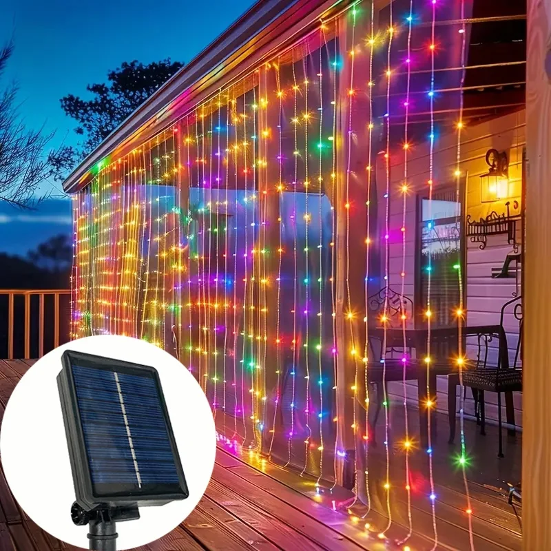 1pc Solar Curtain String Lights Fairy Lights 8 Mode Holiday Garland Lamp Outdoor Yard Christmas Wedding Decor String Lights