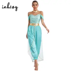 Womens Cosplay Arabian Princess Costume Spangles Jumpsuit Stage Dance Wear Halloween Carnival Party Role Play Fancy Dress Up