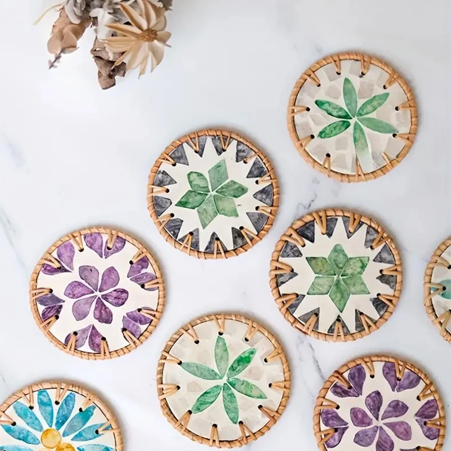 Anti-scalding Rattan And Ceramic Shell Coasters Handmade Creative Colorful Round Coffee Table Mats Bowl Mats For Home Decor