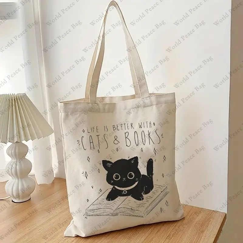 Cat And Book Pattern Canvas Shopping Bag, Letter Print Portable Shoulder Bag, Fashion Large Capacity Tote Bag For Daily Life