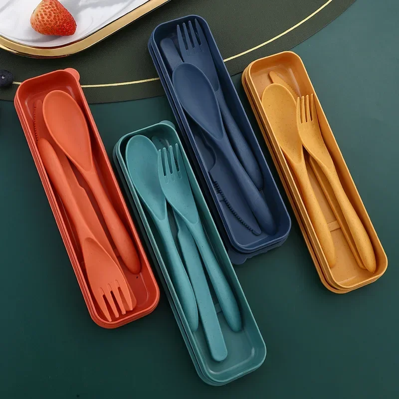 Wheat Straw Cutlery Set with Box, Spoon, Fork, Knife, Portable, Travel, Lunch,    3Pcs