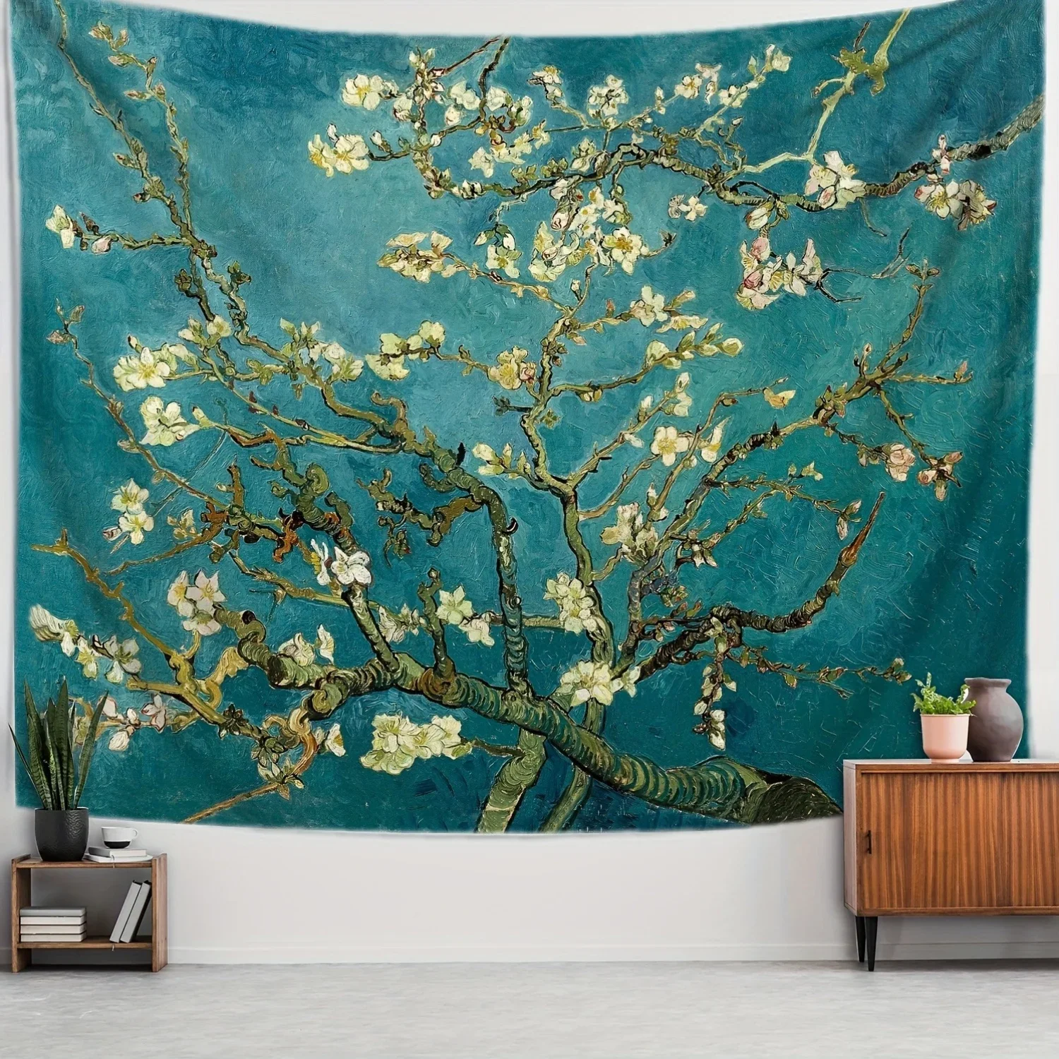 Tapiz inspirado en flor de almendrar: colgante de pared artístico vibrante para sala de estar, dormitorio, decoración natural estética con belleza floral