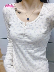 Hollow Out Bear Long Sleeve T-Shirt Summer Round Neck Buttons Cotton Slim Sexy Top for Women Vintage Sweet Cute y2k Tops Chic