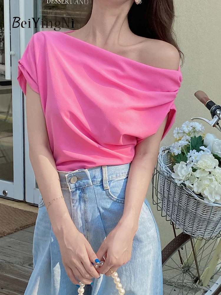 Beiyingni Elegant Off Shoulder Sexy Blouses And Tops Women Irregular Loose Solid Color French Ladies Blusas Summer Chic T-shirts