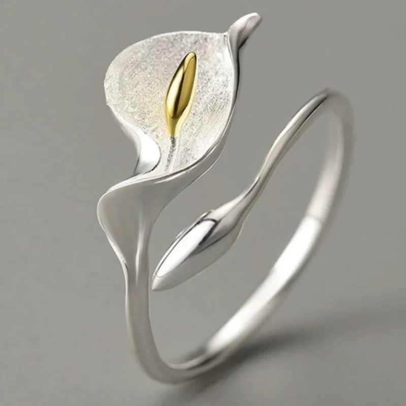 Blumen-Lotus-Muster, silbrig/goldfarben plattiert, verstellbare Ringe für Frauen, Verlobung, Dating, modischer, eleganter Ring, Schmuck – Detail 2