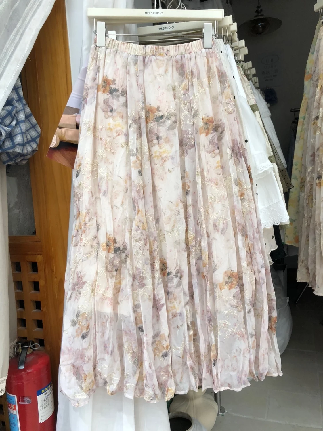 

Elegant High Waist A-Line Midi Skirt with Pleated Embroidered Floral Design Slimming Polyester Fiber Summer Season Women's Skirt