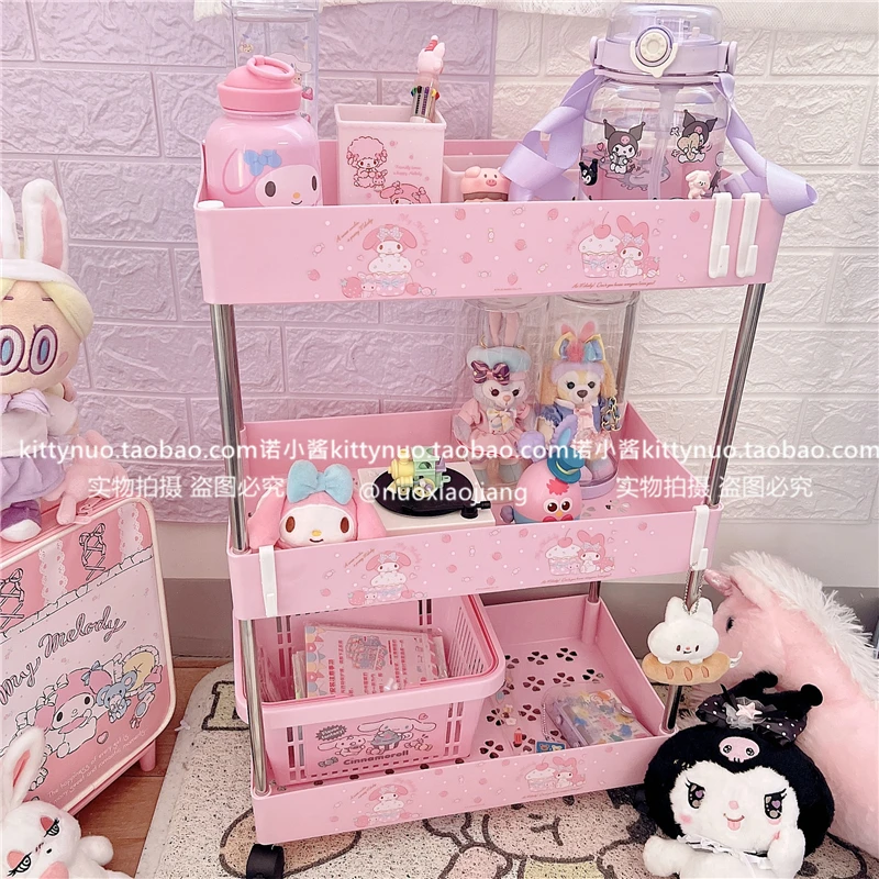 Kawaii Kt My Melody Cinnamoroll Cartoon Three-Tier Wheeled Rack Anime Sanrioed Girl Heart Floor Trolley Storage Rack Mobile