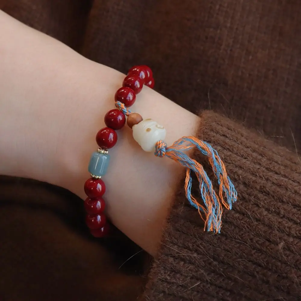 Vintage Fortune Red Vermilion Bracelet Elastic Good Luck Beads Bracelets Antiquities Zodiac New Chinese Style Bracelet Couple