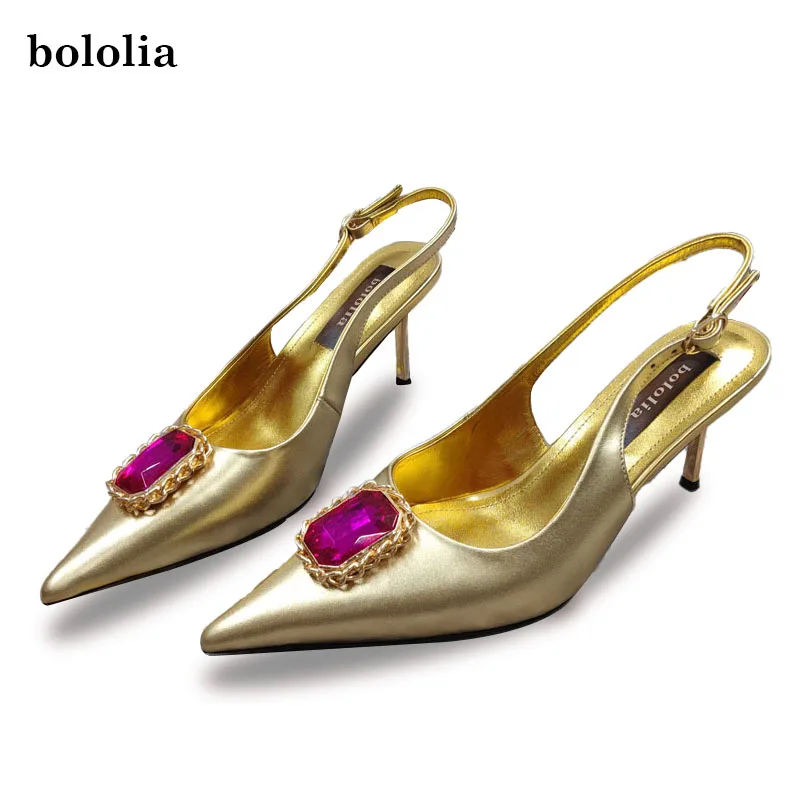 High Quality Diamond Ornament High Heels Women Sexy Pointed Toe Stiletto Heel Slingback Buckle Genuine Leather Banquet Pumps