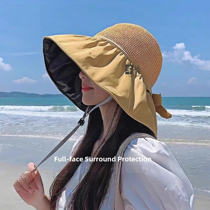 

Summer Beach Straw Hat Women's Sun Protection Fisherman Hat Hollow out Rubber Coating Large Brim Face Covering Knot