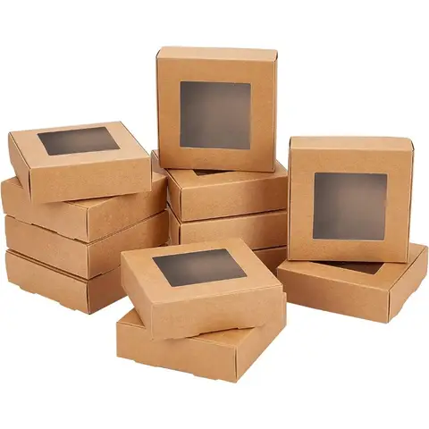 24 Pcs 10x10x3cm Camel Paper Box Fold Boxes Cookie Boxes Jewelry Boxes Kraft Boxes with Window for Party Favor